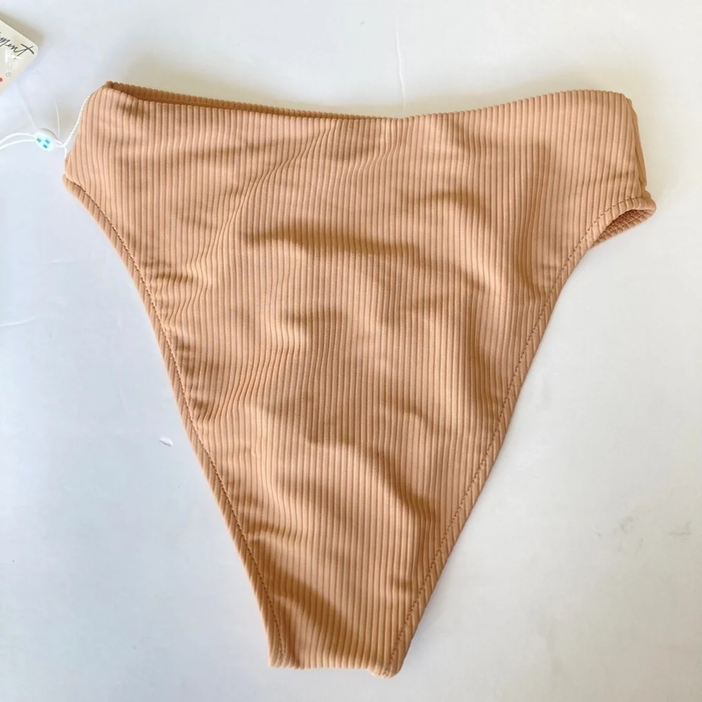 NWT Frankies Bikinis Jenna Ribbed Neutral High Waisted Bikini Bottoms Sz S